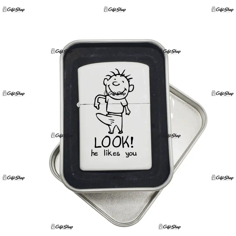 Look he likes you, bricheta metalica gravata laser cu mesaj